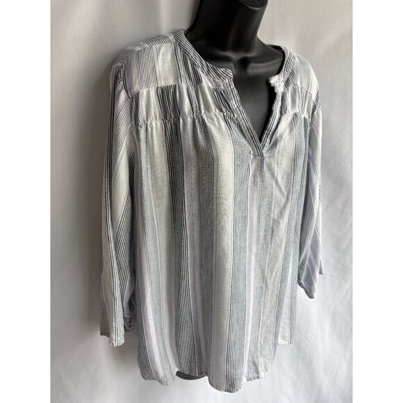 Splendid Striped Linen Blend Popover Top XXL 2XL Lagenlook Coastal White Grey - Picture 4 of 9